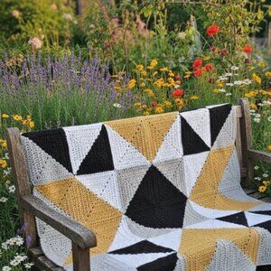 Handmade Crochet Barn Quilt Throw Blanket Yellow Black White Gray 60"x58"